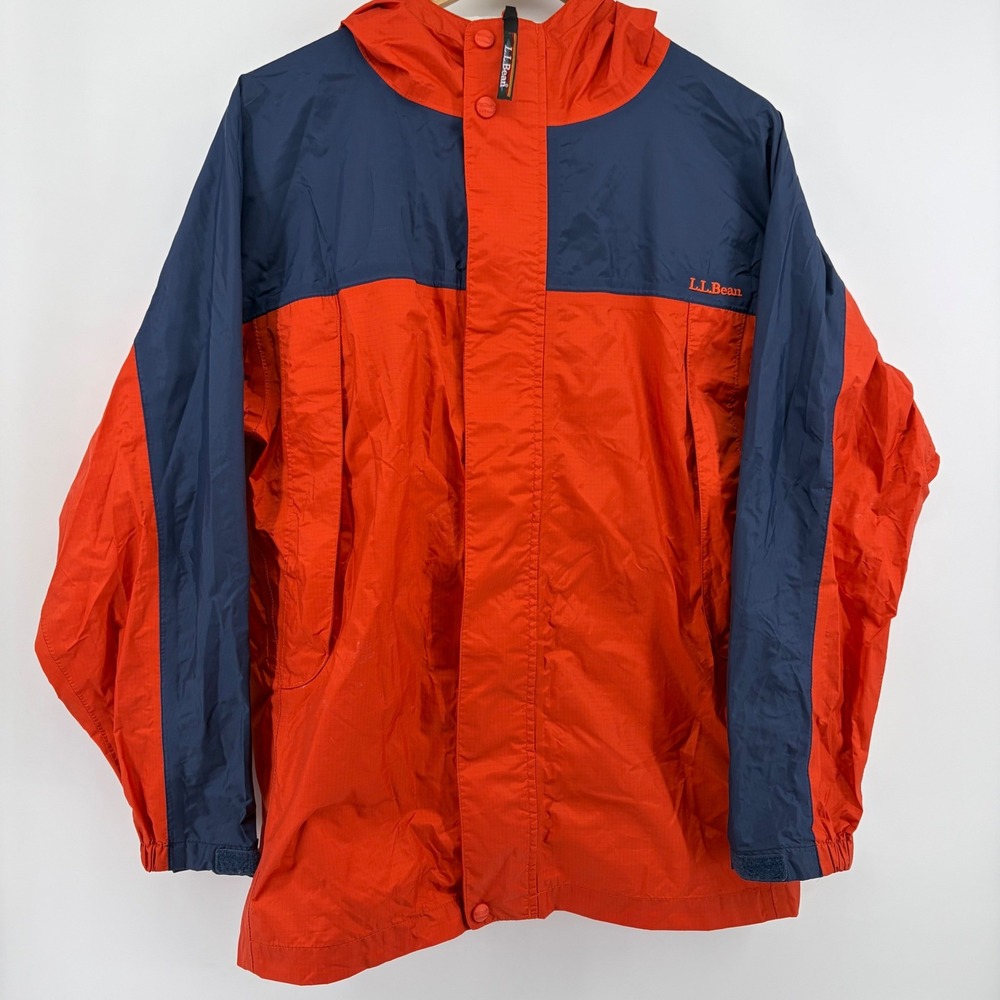LL Bean Kids XL 18 Rain Jacket Hooded Shell Orange Navy Blue Colorblock